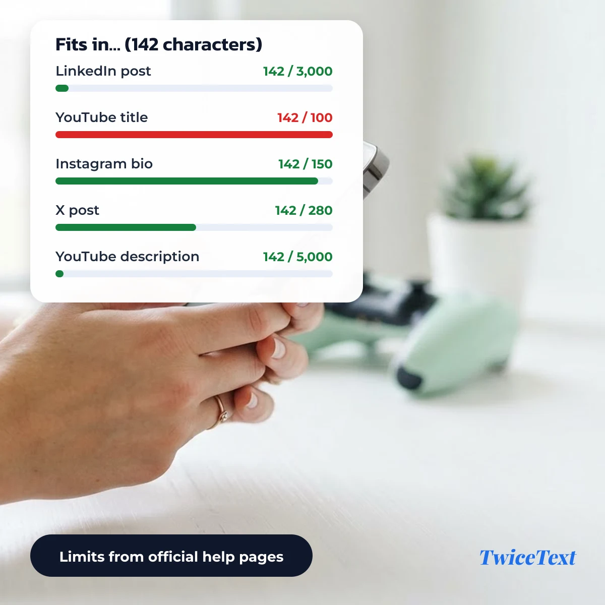 Character counter limit bars for LinkedIn, YouTube, Instagram bio and X posts