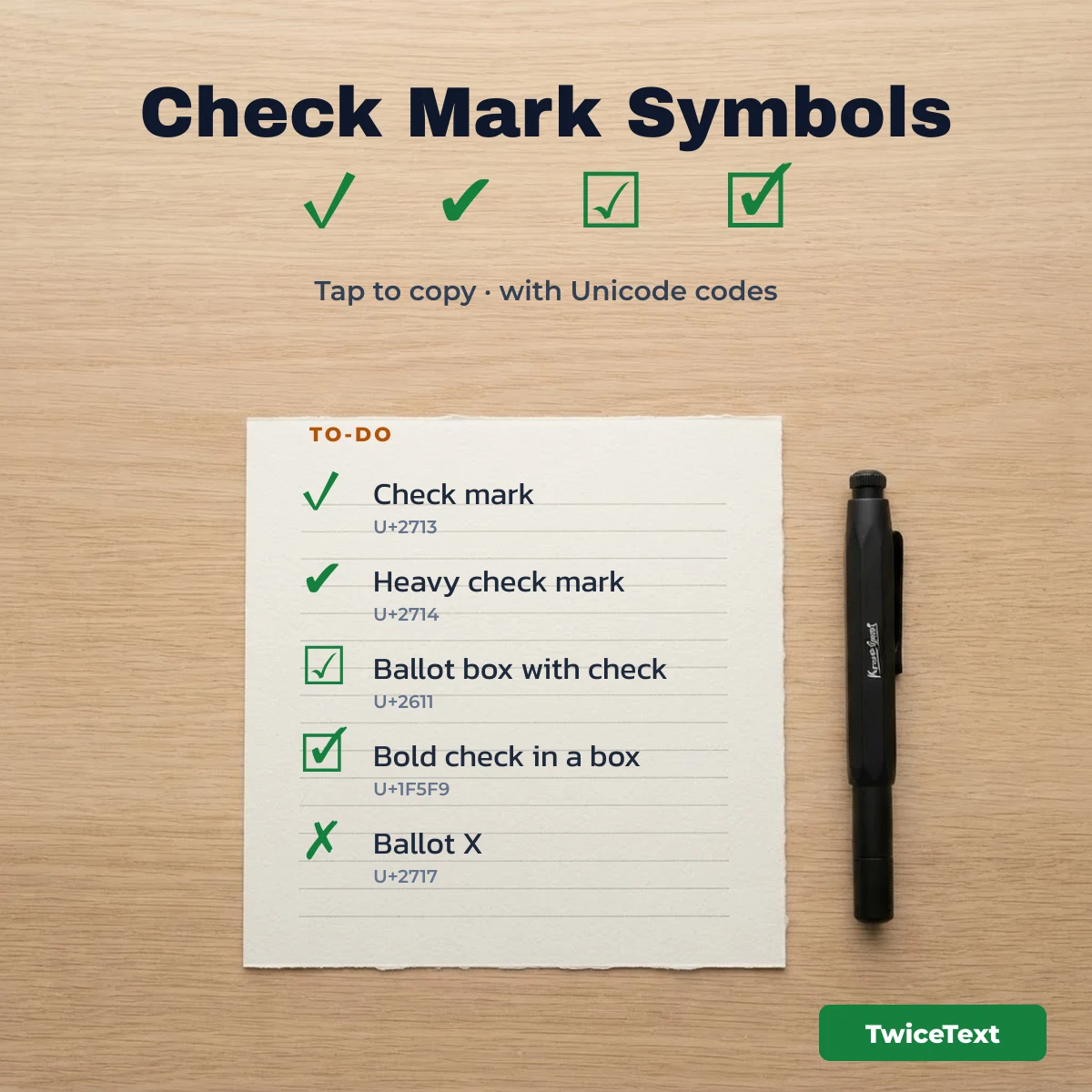 Check mark symbols with their Unicode codes on a to-do list