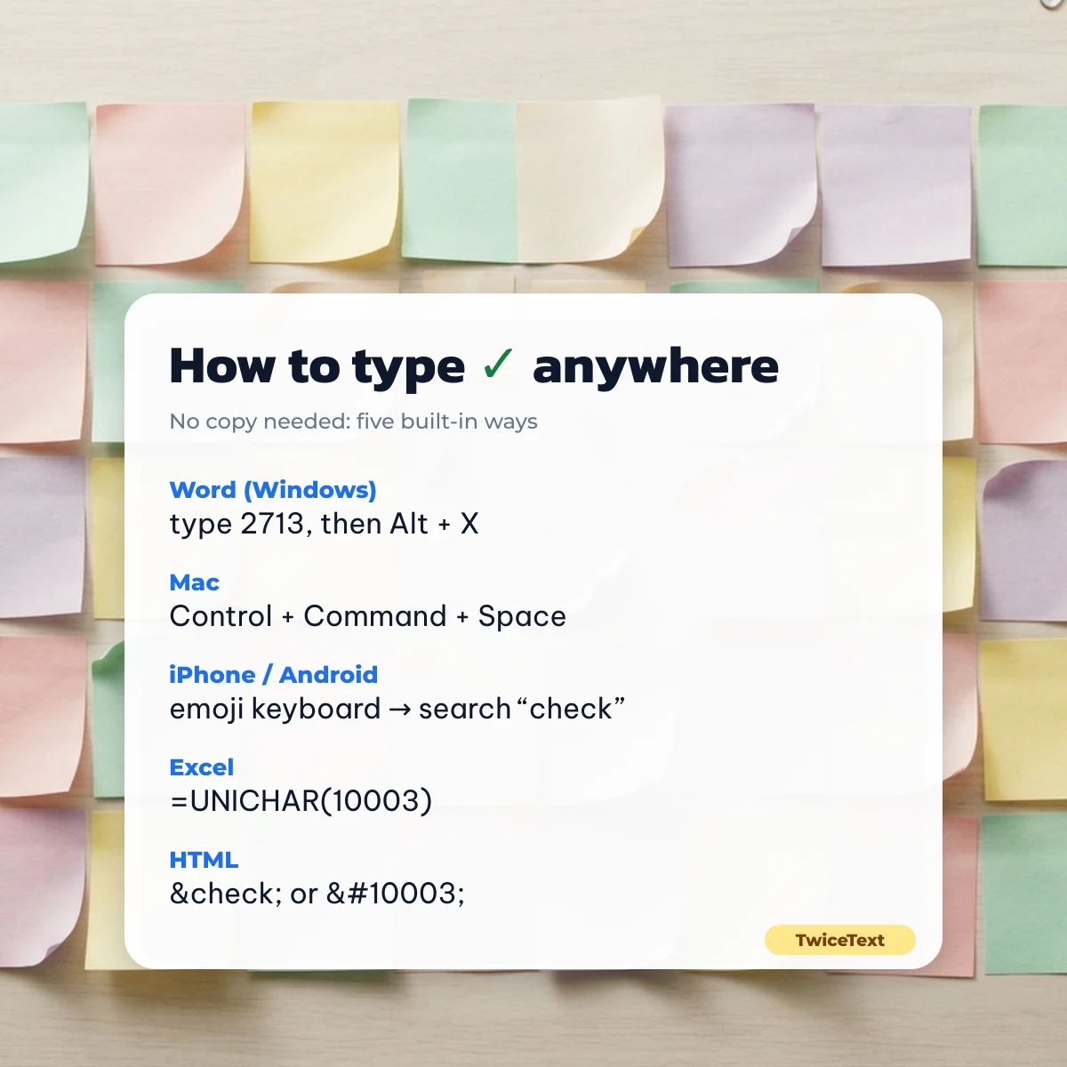 How to type a check mark symbol on Windows, Mac, phone, Excel and HTML