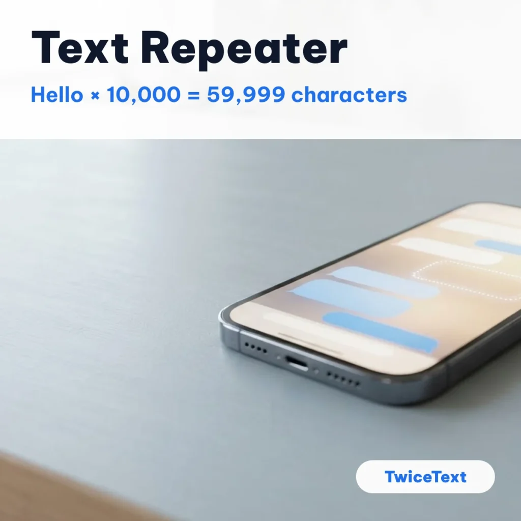Phone on a desk with the text repeater result: Hello repeated 10,000 times is 59,999 characters