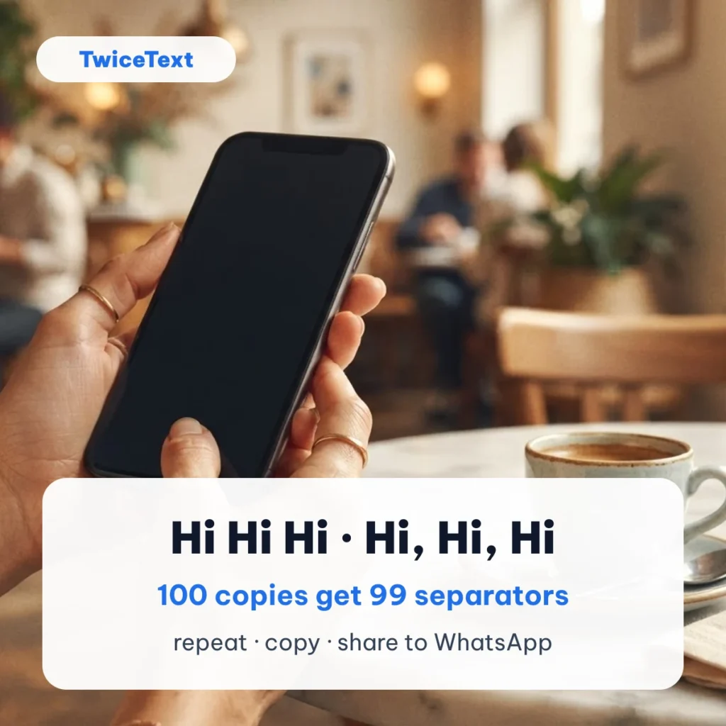 Hand holding a phone with repeated text examples using space and comma separators