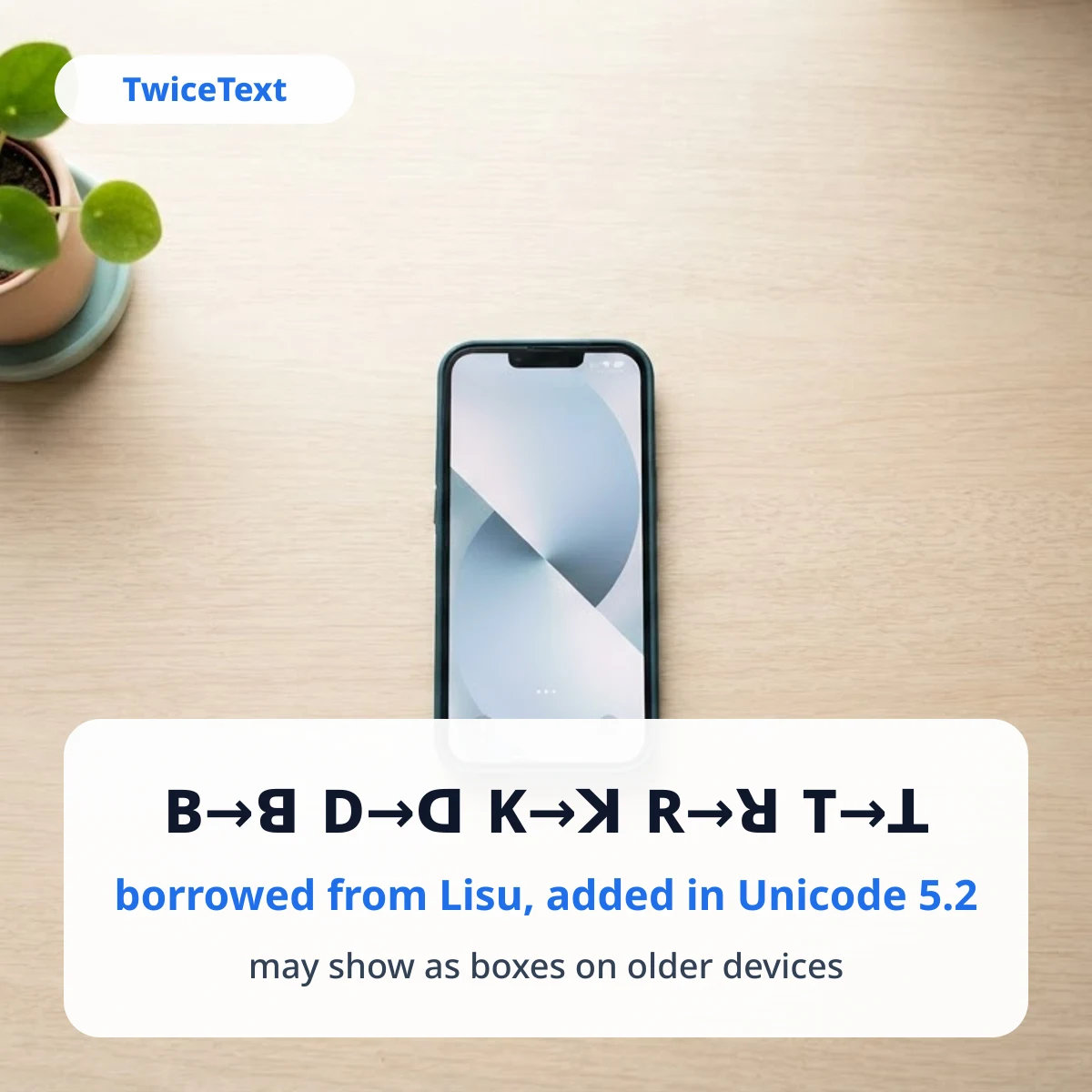 Phone on a wooden desk with the Lisu letters used for upside-down B, D, K, R and T